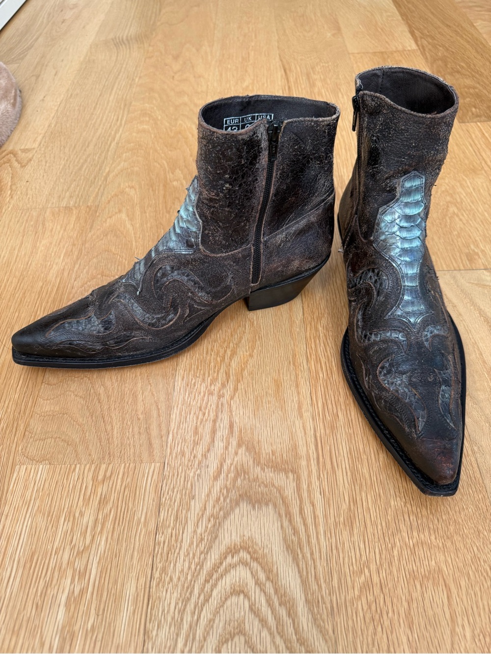 Sendra Men's Brown Western Ankle Boots with Teal Python Inlay, US Size 10 1/2